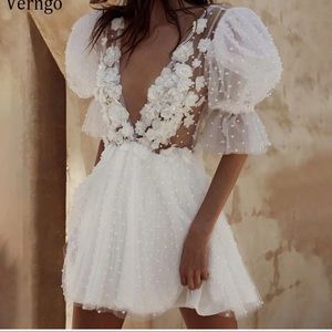 White Tulle Pearl Puff Sleeve Dress